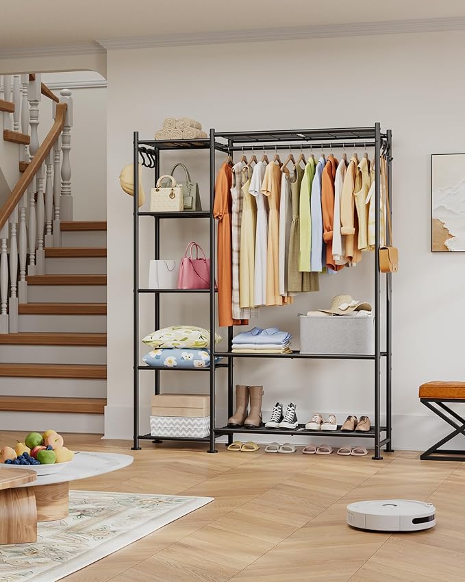 Closet Organizers and Storage - Free-Standing Clothes Rack with Leveling Feet & Wall-Anchor Straps, Wardrobe Closet with 6 Hooks for Bedroom, Living Room, Laundry, 48.8"×12.6"×62.2", Black