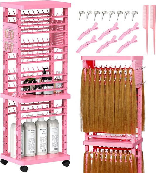 Braiding Rack with Tools, 2-Sided Hair Rack Braid Stand with Wheels, 220 Pegs Standing Hair Separator Divider Extension Holder Hanger Perm Accessories for Salon Home