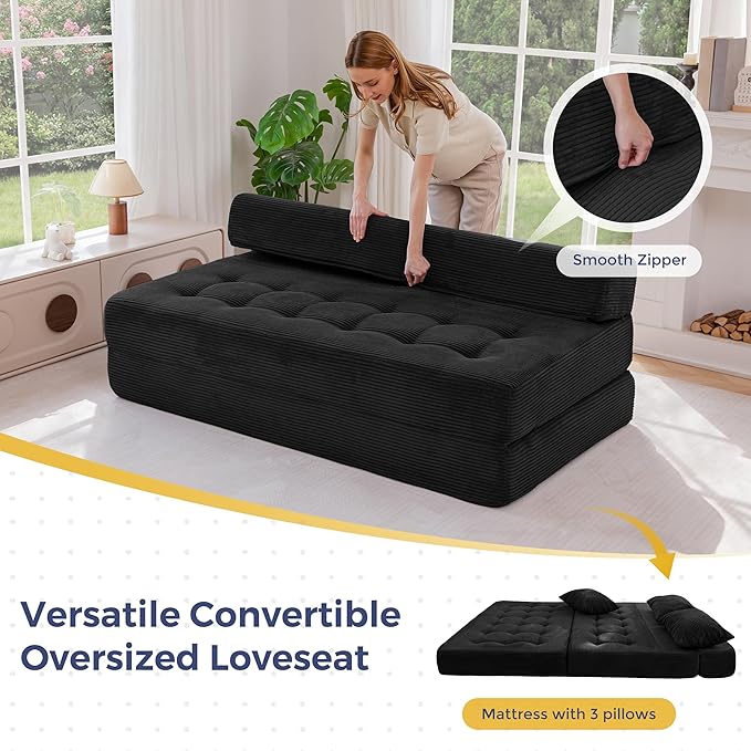 MAXYOYO Folding Sofa Couch, Convertible Floor Sleeper Couch with 3 Pillows, Tufted Floor Oversized Loveseat Couch Tufted Fold Out Chair Bed Comfy Sofa Lounge for Living Room Bedroom, Black