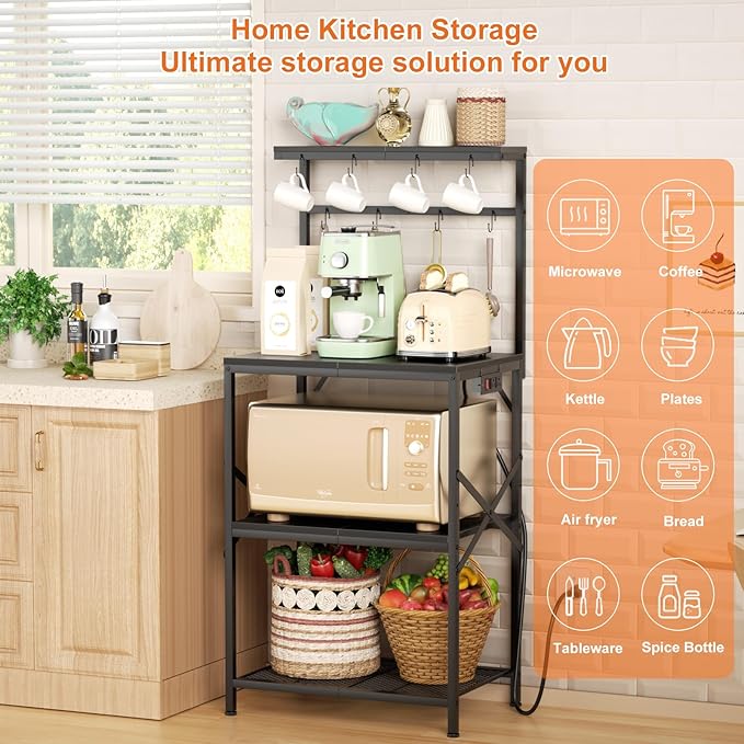Kitchen Bakers Rack with Power Outlet, Coffee Bar Table 4 Tiers, Microwave Stand with 8 Hooks, Coffee Station and Organizer, Kitchen Storage Shelves Rack for Spices, Pots, Black