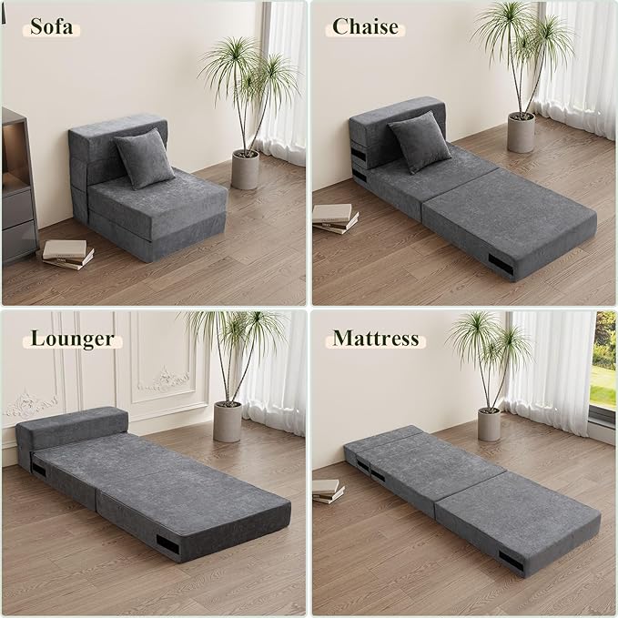 HOMFINE Folding Sofa Bed - Convertible Sleeper Chair with Pillow, Fold Out Couch, Memory Foam Floor Mattress, Futon Couch, Lazy Sofa for Living Room/Dorm/Guest Room/Home Office, Single, Grey