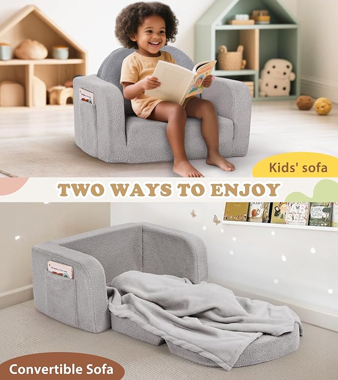 Kids Couch, 2-in-1 Soft Toddler Couch Fold Out with Blanket, Comfy Toddler Chair, Convertible Sofa, Gifts for Kids Girl Boys, Medium Grey Rainbow