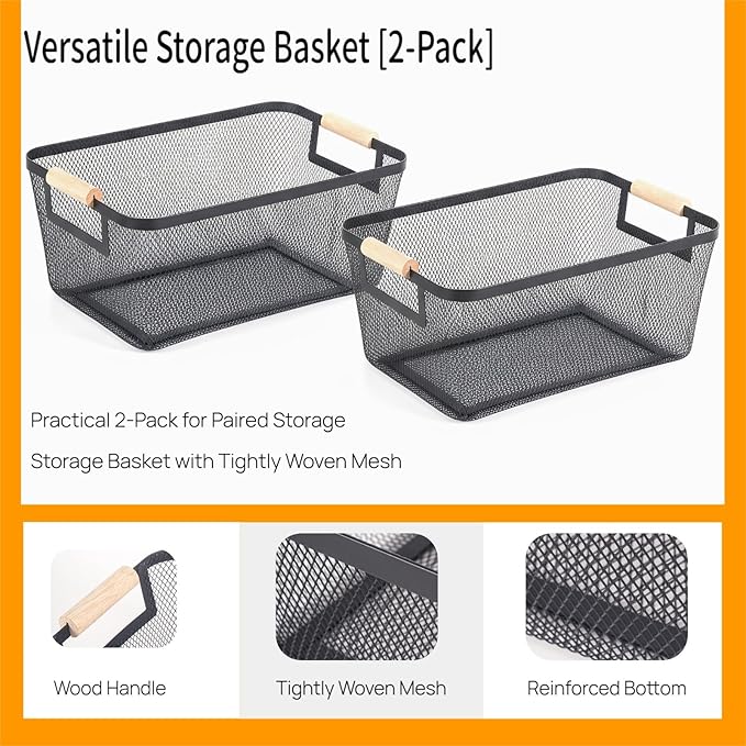 2-Pack Metal Mesh Basket, Medium Wire Storage Organizer with Wood Handle for Kitchen Pantry, Bathroom, Cabinet, Closet, Picnic & Home Organization, Medium, Black