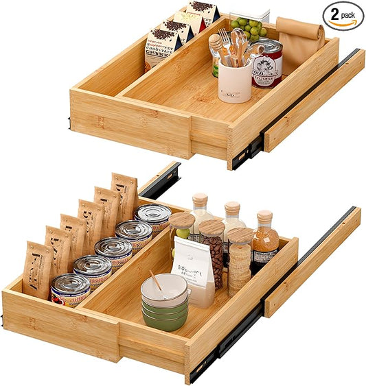 BAMEOS Expandable Pull-Out Cabinet Organizer – 14" to 20" Adjustable Width, Soft-Close Drawers for Kitchen, Pantry, Bathroom & Under Sink, 2-Pack Wooden Storage, 21" Depth, 66 lbs Capacity