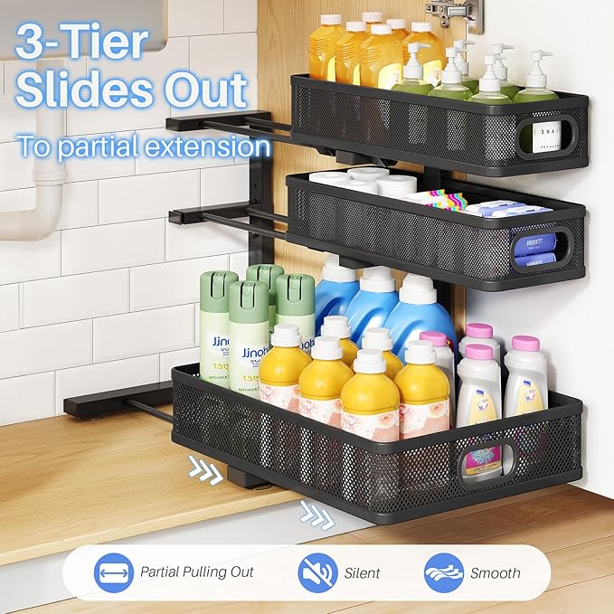 HERJOY Under Sink Organizer, 2-Pack 3-Tier Height Adjustable Thickened Metal Pull out Cabinet Organizer Shelf, Slide out Storage Drawer Rack for Bathroom Kitchen Pantry Home Laundry Organization