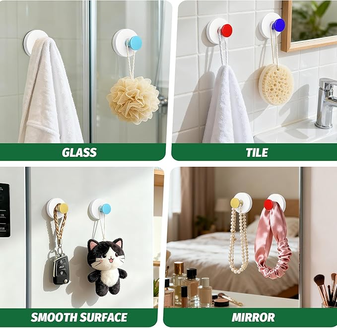 Reusable Heavy Duty Suction Cup Hooks for Kitchen/Bathroom/Shower - Wet-Proof Hooks for Towels, Robes, Loofah&Wreaths/No Drill Mounting on Glass, Tile, Metal (2, Red White)