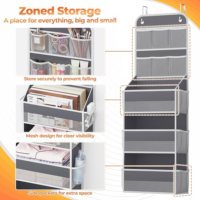 5-Tier Over The Door Organizer with Mesh Pockets, Baby Nursery Storage for Closet, Bathroom and Bedroom, Adjustable Hanging Closet Organizer for Cosmetics, Books and Essentials (Dark Grey)
