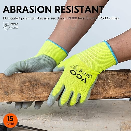 Vgo... 15-Pairs Safety Work Gloves, Gardening Gloves, Polyurethane Coated, Dipping Gloves, Latex Free (Size S, Yellow, PU2103)