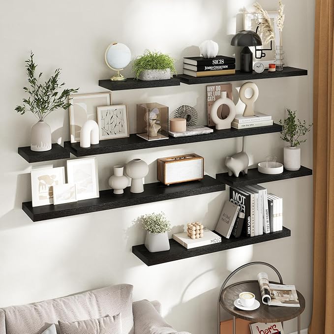 36 Inch Floating Shelves for Wall Set of 2, 8"D Wood Grain Bathroom Shelves with Invisible Brackets, Easy Install Engineered Wood Storage Shelves for Kitchen, Living Room, Bedroom, Black Finish