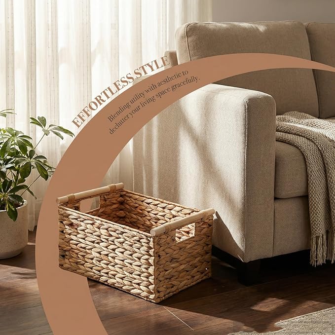 Large Rectangular Wicker Basket With Built-in Wooden Handles, Water Hyacinth Woven Basket for Organizing, Utility Shelves, Towel Storage Basket