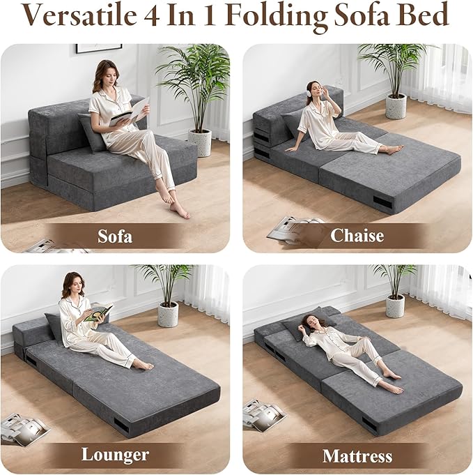 HOMFINE Folding Sofa Bed - Convertible Sleeper Chair with Pillow, Fold Out Couch, Memory Foam Floor Mattress, Futon Couch, Lazy Sofa for Living Room/Dorm/Guest Room/Home Office, Twin, Grey