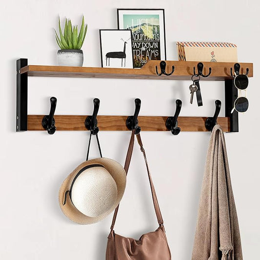 4 in 1 Coat Rack Wall Mount with Shelf, Coat Hooks 25.2" Entryway Coat Hanger with Key Hooks and Mail Holder, Wall Hooks with Shelf, Hat Rack for Wall Key Holder Mail Organizer