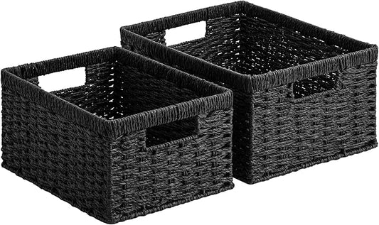 StorageWorks Wicker Storage Baskets for Organizing, Wicker Basket with Handles, Decorative Storage Baskets for Shelves, Black Paper Rope, 2 Pack