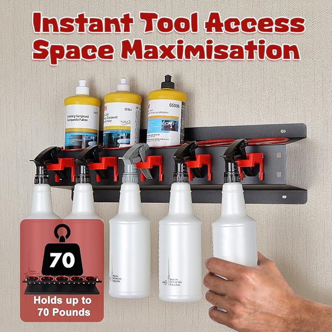 Spray Bottle Holders for Car Detailing, 22Pcs Heavy-Duty Wall Mounted Steel Rack Set with Clips Hooks & Brushes, Garage Van Workshop Organizer for Aerosol Cans, Van, Workshop, Garden Tools