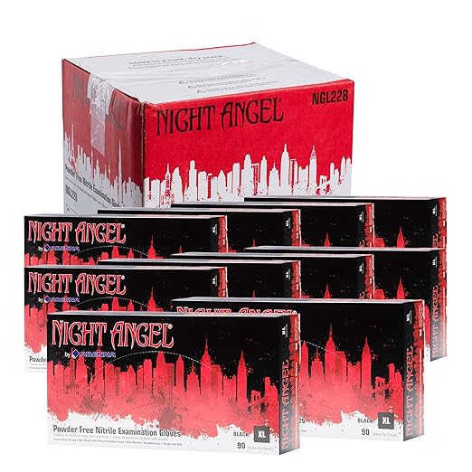 Adenna Night Angel Disposable Nitrile Gloves – 4 Mil, Powder Free Rubber Glove for Tattoo & Medical Use, Latex-Free, Tactile Sensitivity with Textured Grip, Case of 900, X-Large, Black