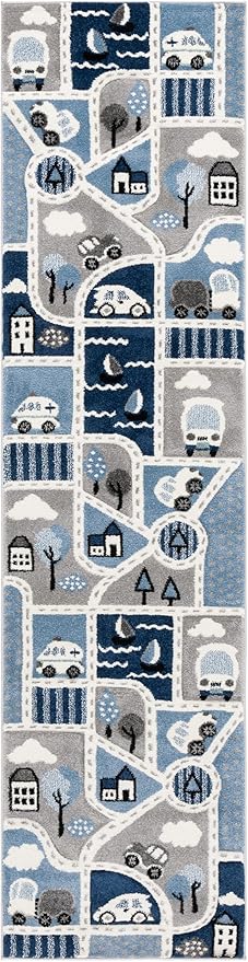 SAFAVIEH Carousel Kids Collection Runner Rug - 2'3" x 8', Grey & Blue, Non-Shedding & Easy Care, Ideal for High Traffic Areas for Boys & Girls in Playroom, Nursery, Bedroom (CRK193M)