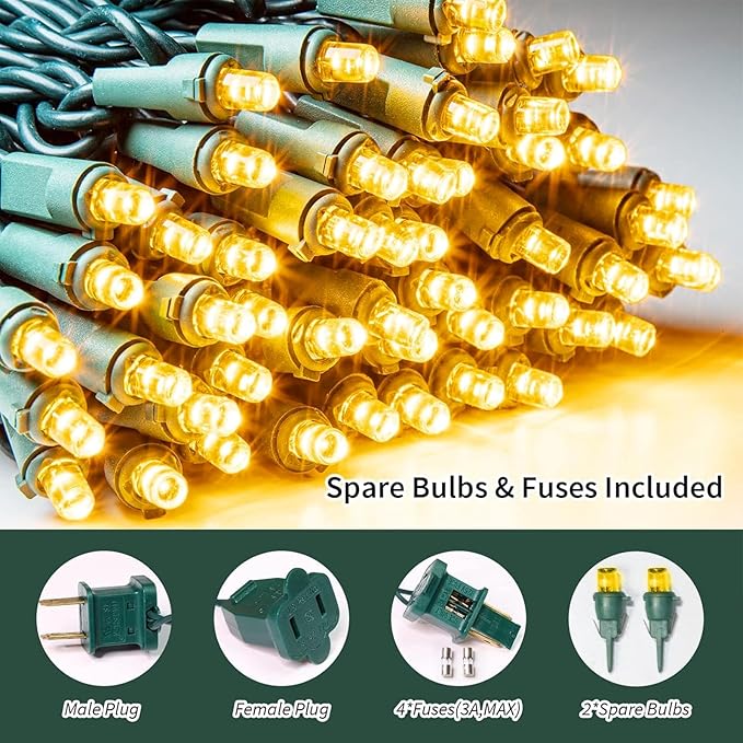 LAMPHOME Yellow LED Christmas Lights Indoor Outdoor, Connectable Yellow Warm White Christmas Tree Lights Green Wire, 64.8Ft Fairy String Light Plug in for Bedroom Wedding Xmas Tree Decorations