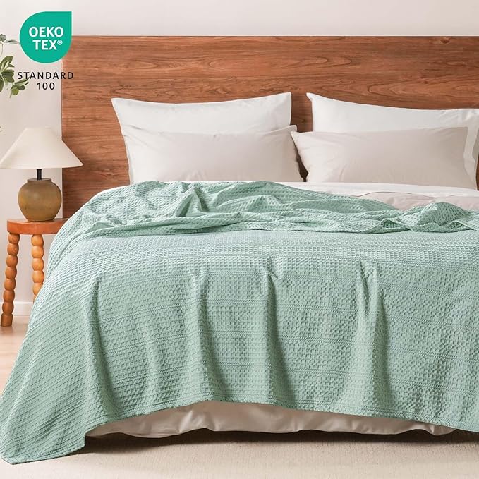 PHF Lightweight Waffle Weave Blanket Queen Size 90"x 90", Soft Woven Summer Blanket for Hot Sleepers - Aesthetic Home Decor for Couch Bed Sofa, Pet Friendly, Sage Green