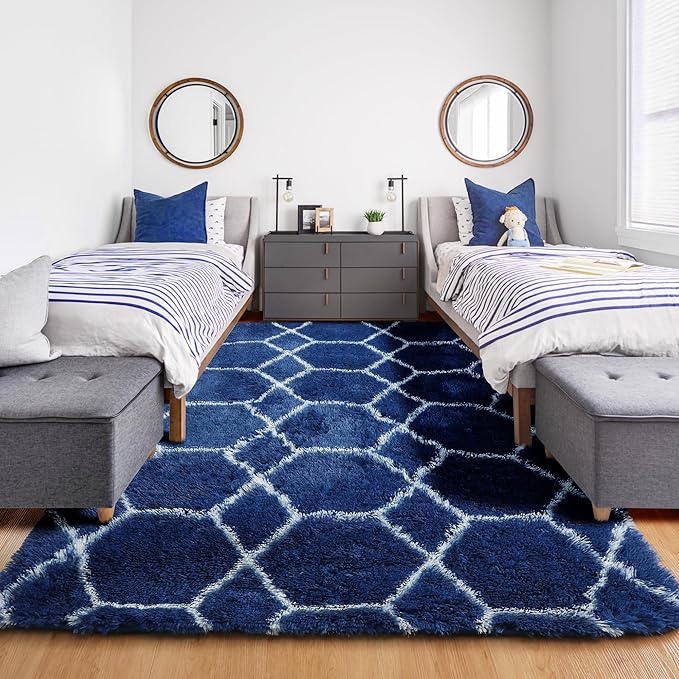ONASAR 5x7 Area Rugs for Living Room Bedroom, Fluffy Navy Blue and White Throw Rug, Geometric Boho Soft Plush Shaggy Floor Carpet for Nursery Kids Girls Boys Teen Dorm Home Decor Aesthetic