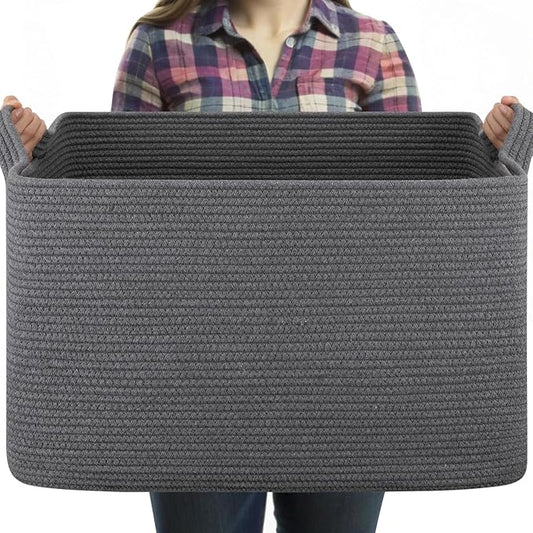 95L Large Blanket Basket, Blanket Storage Living Room, Rectangle Woven Baskets for Storage Toys, Towels, Dirty Clothes Organizer Bins (Dark Grey)