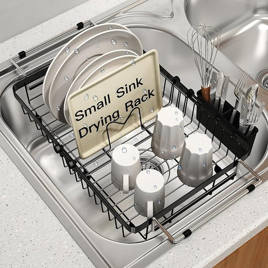 Small Expandable Over The Sink Dish Drainer Drying Rack In Stainless Steel Metal For Kitchen, Counter Space Saving Black Compact Above Plate Dryer Strainer, Adjustable Hanging Inside Sink Drain Holder
