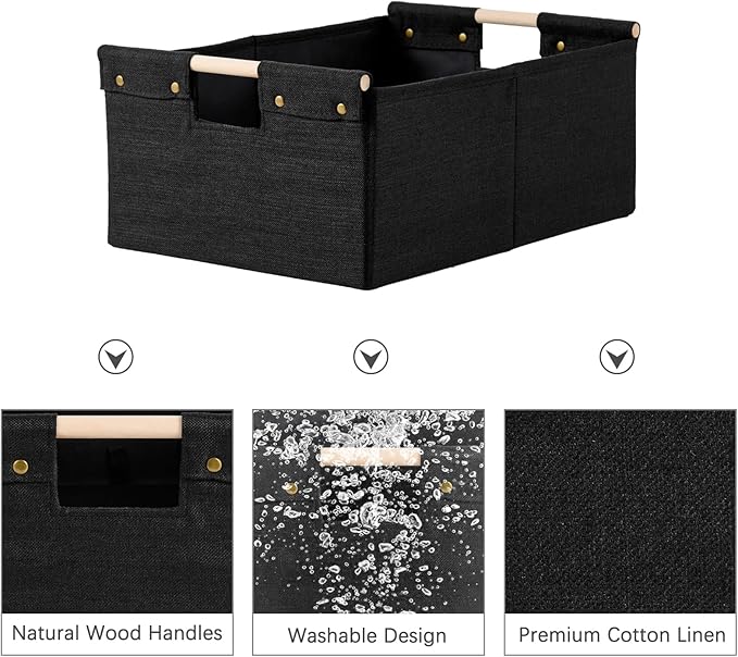 2PCS Storage Bins Cotton Linen Fabric Storage Boxes Basket with Wooden Handles Foldable Washable Decorative Shelf Container Closet Clothes Organizer Home Laundry (Large Size, Black)