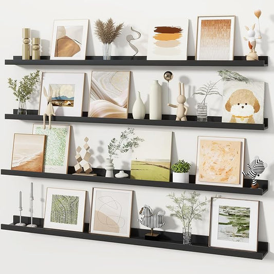Fun Memories Picture Ledge Shelves Set of 4, 48 Inch Rustic Wall Mounted Floating Shelves with Lip for Home Storage and Décor in Bathroom, Kitchen, Nursery, Bedroom, Living Room, Black