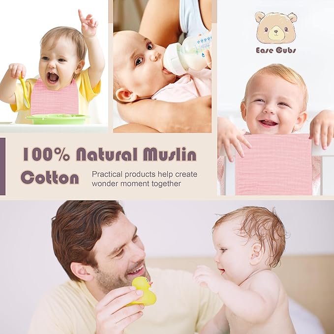 Muslin Burp Cloths Large 100% Cotton Hand Washcloths for Boys & Girls, Baby Essentials Extra Absorbent and Soft Burping Rags for Newborn Registry (Pink, 12-Pack, 20" X10")