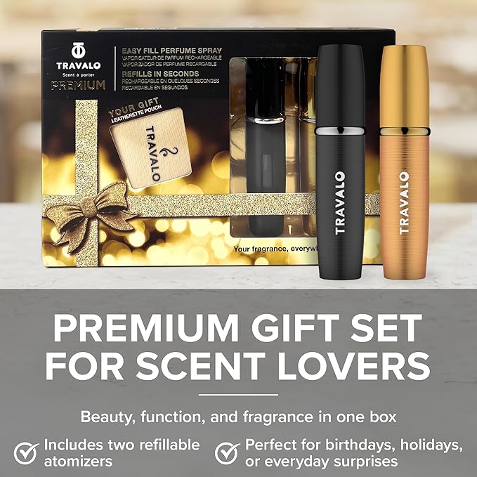 Lux Perfume Atomizer Gift Set Black & Gold - 2 Pc Leak-Proof, Airtight, Easy to Fill Mini Spray Bottles - Travel Size Perfume Refill Bottle with Polished Metal Alloy Outer Shell