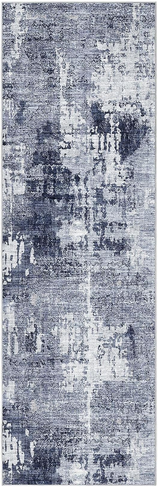 Washable Runner Rug for Hallway: 2x6 Neutral Modern Abstract Low Pile Area Rug with Non-Slip Backing - Carpet for Bedroom Kitchen Laundry Entryway Bathroom Indoor - Navy Blue