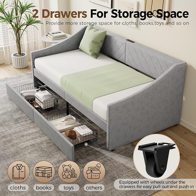 Twin Size Daybed with 2 Storage Drawers, Upholstered Daybed Frame with Charging Station, Heavy Duty Sofa Bed for Bedroom, Living Room, No Box Spring Needed,Easy Assembly