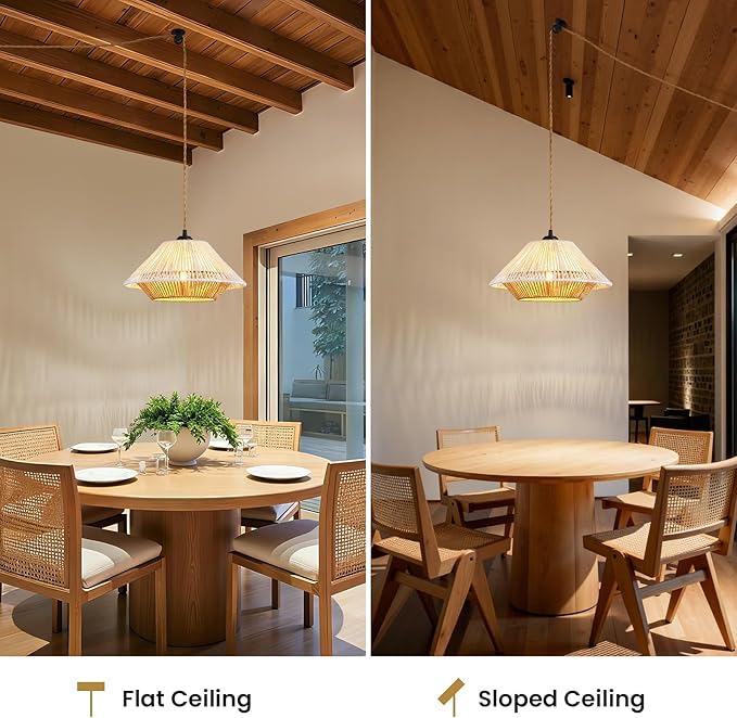 Boho Plug in Hanging Light - 12.7 Inch Rattan Plug in Pendant Light Dimmable Wicker Bamboo Woven Lampshade Hanging Lamp for Bedroom Living Room Farmhouse