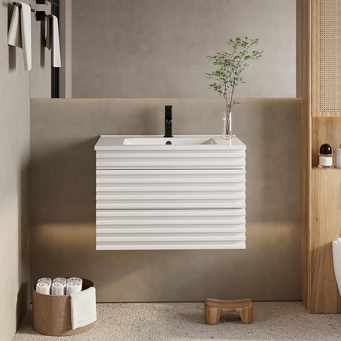 eclife 30" Floating Bathroom Vanity with Sink Combo Mid-Century Wall Mounted Cabinet with Wood Stripes Decor, Drawers, Undermount Sink, Faucet, Drain, Mixed White