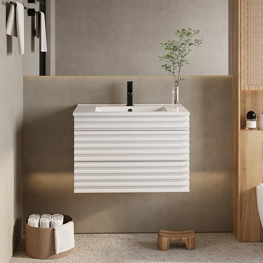 eclife 30" Floating Bathroom Vanity with Sink Combo Mid-Century Wall Mounted Cabinet with Wood Stripes Decor, Drawers, Undermount Sink, Faucet, Drain, Mixed White