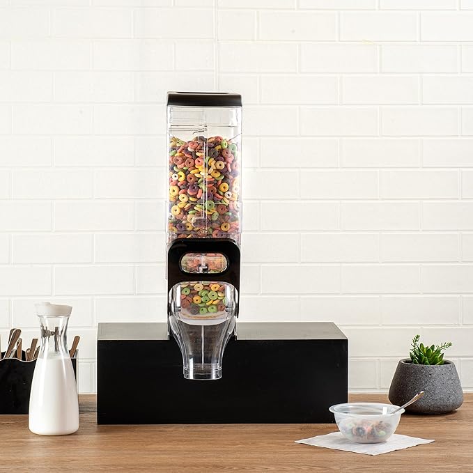 Restaurantware Cereal Dispenser 3.5 gal Plastic Gravity Bin Candy Dispenser Self-Serve Black Dry Food with Stand for Breakfast Buffet or Hotel Use
