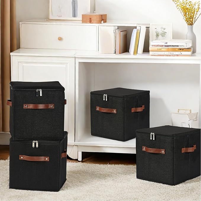 2PCS Storage Cubes with Lid Fabric Storage Bins Boxes PU Leather Handles Cotton Linen Closet Organizer Container Decorative Foldable Washable Shelf Cloth Basket (Zipper Lid, Black, 11in)