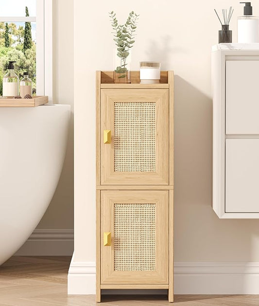 Rattan Small Bathroom Cabinet with 2 Doors, 7.9''D x 9.8''W Narrow Toilet Paper Storage Cabinet, Bathroom Organizer for Small Spaces, Wooden Slim Corner Unit with Adjustable Shelf, Natural Oak