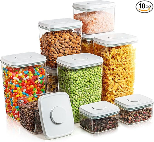 Airtight Pop Food Containers with Lids, 10 PCS Kitchen and Pantry Organization Canisters for Cereal, Dry Food, Sugar, Snack, Flour, Spaghetti