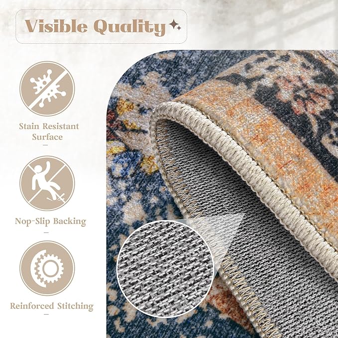 Area Rug 6x9 Washable Rug, Vintage Boho Medallion Rugs Non-Slip Soft Low Pile Large Distressed Rug Indoor Retro Carpet for Living Room Bedroom Dining Room Office (TribalMedallionMulti, 6'x9')