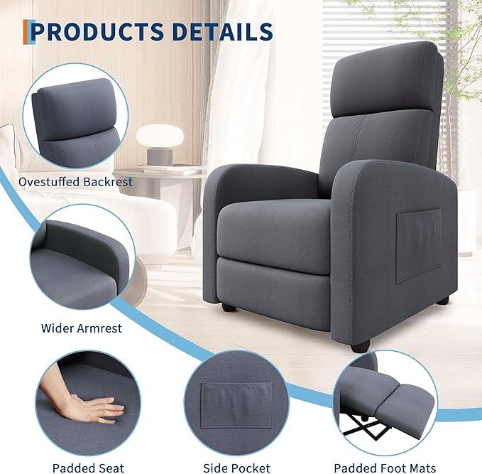 Garvee Recliner Chair for Adults, Lazy Reclining Chair Ergonomic Adjustable Single Sofa Enhanced with Side Pocket, Tall Back, Wide Arms & Padded Seat, Home Theater Seating for Living Room