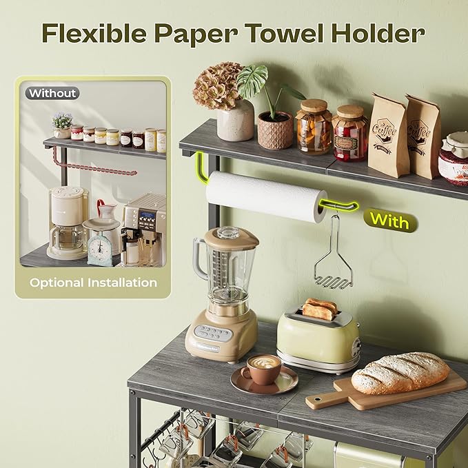 Huuger 4-Tier Bakers Rack with Reversible Power Outlet, 23.6 Inch Microwave Stand with Paper Towel Holder, Kitchen Bar, Larger Storage with Top Shelf, 6 S Hooks, Grey