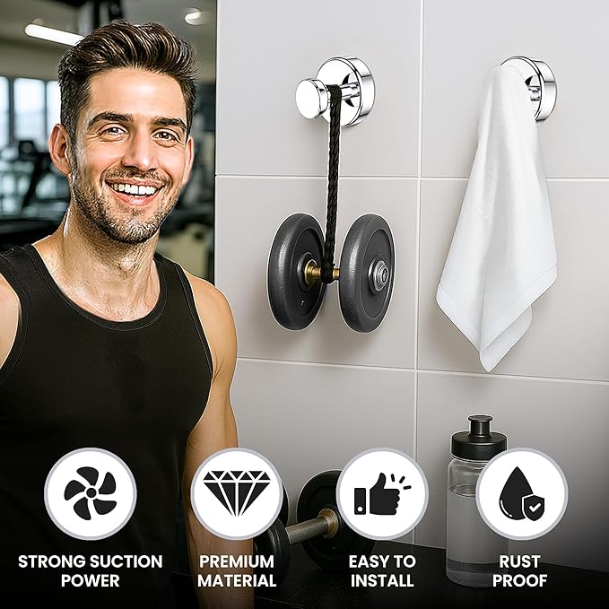 Suction Cup Hooks 4 Pack – No Drill Heavy Duty Bathroom Towel Hooks, Removable Stainless Steel Shower Hooks for Kitchen, Glass, Door, Bathrobe & Coat