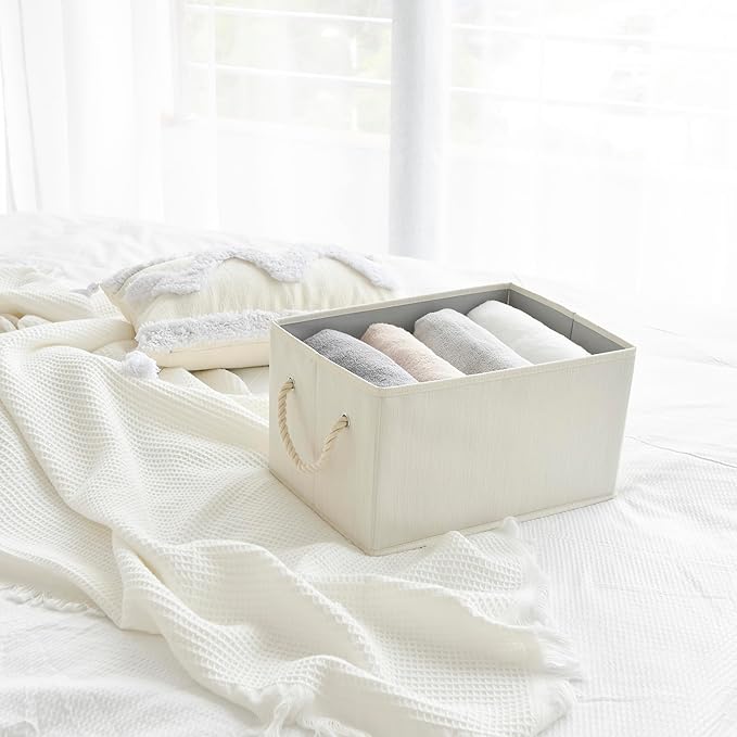 Pack of 2 Storage Bins Closet Organizer System, Sturdy Foldable Storage Boxes for Organizing Clothing, Books - Shelf Organizer Shelves Basket Storage Bin with Handles, Ivory White