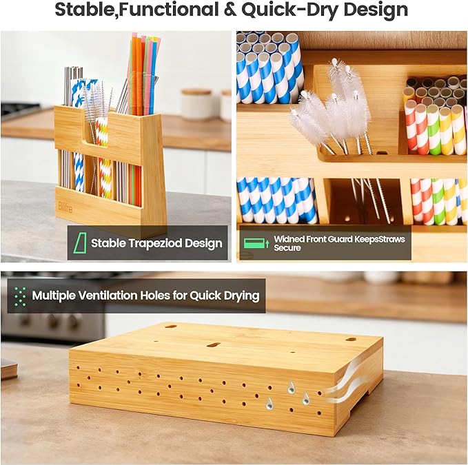 Extra-Large Bamboo Straw Holder Organizer – 6 Compartments for Long & Short Straws | Magnetic & Adhesive Mount for Cabinet, Fridge, or Counter | Durable Trapezoid Design for Kitchen