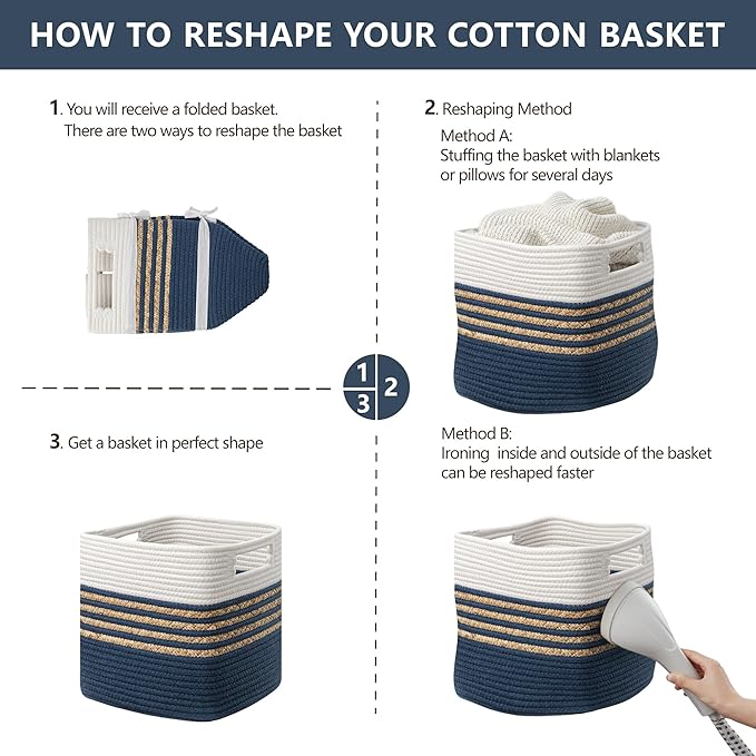 UBBCARE Set of 3 Storage Cubes 13 X 13 X 13 in, Water Hyacinth Storage Bins for Shelves, Toys, Book, Storage Baskets with Handles, Cotton Rope Woven Baskets for Organizing, Blue