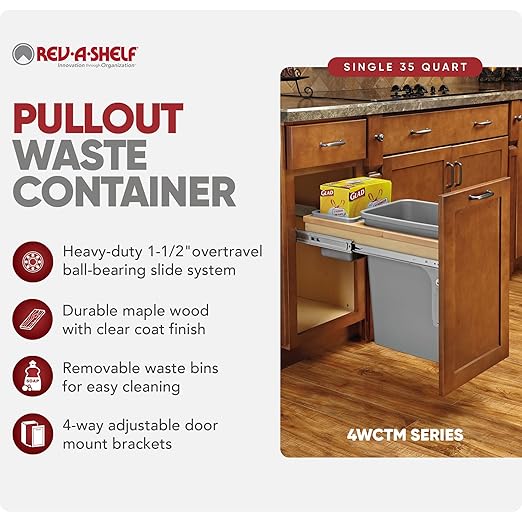 Rev-A-Shelf Top Mount Single Pullout Under Cabinet 35 Quart Kitchen Trash Cans w/ Soft-Close, 150 Pound Rated Full-Extension Slides, 4WCTM-12BBSCDM1