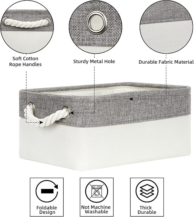 Bidtakay Small Fabric Storage Bins for Closet & Bathroom - Set of 6 Grey & White Baskets - Organizers for Kids' Bedroom