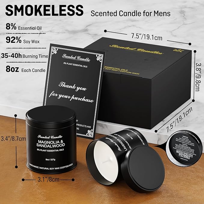 Scented Candles for Men 4 Pack x8oz, Luxury Soy Wax Aromatherapy Candles, Strong Masculine Scents, Long Lasting Essential Oil Candles, Gift Set for Dad, Husband, Boyfriend