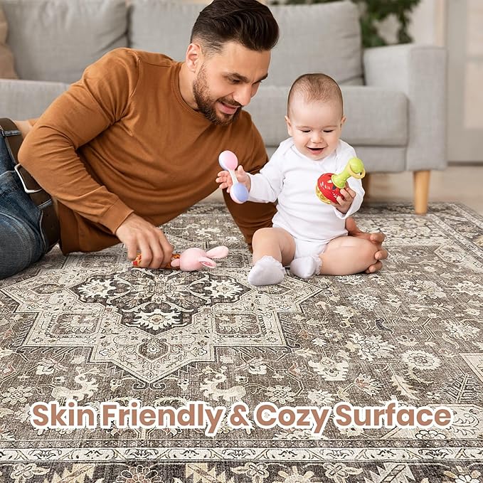Vintage Living Room Area Rug 12x15 - Large Soft Washable Oriental Traditional Distressed Farmhouse Rugs for Bedroom - Indoor Floor Accent Carpet for Home Office House Decor - Brown