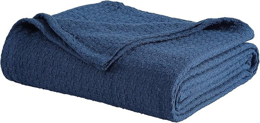 Beatrice Home Fashions Grand Hotel Lightweight All-Natural 100% Cotton Waffle Weave Blanket, Full/Queen, Navy